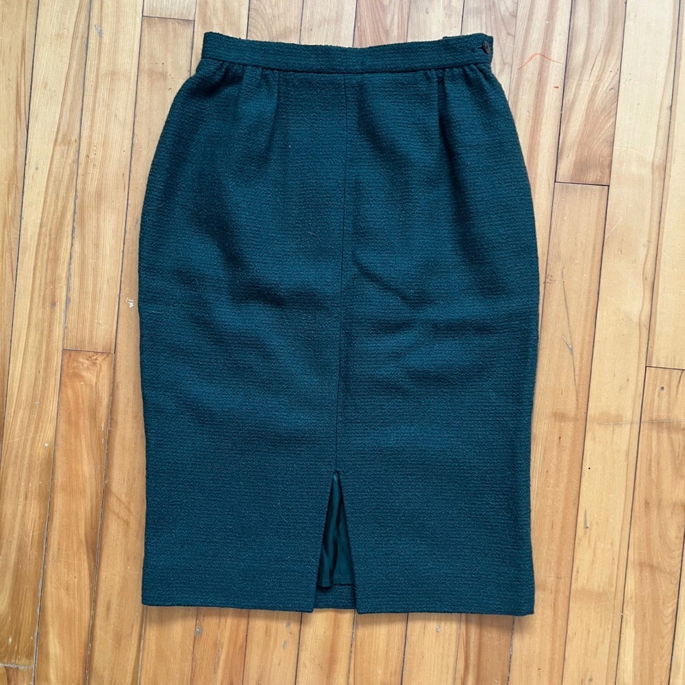 Vintage JAEGER 100% Wool Pencil Skirt Dark Green Midi Slit Size 12, waist 26 in